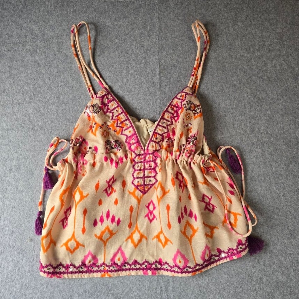 Boho Ikat‎ Print Cami Top Women XS Pink Orange Sequin Tassel Festival Babydoll - Picture 3 of 12